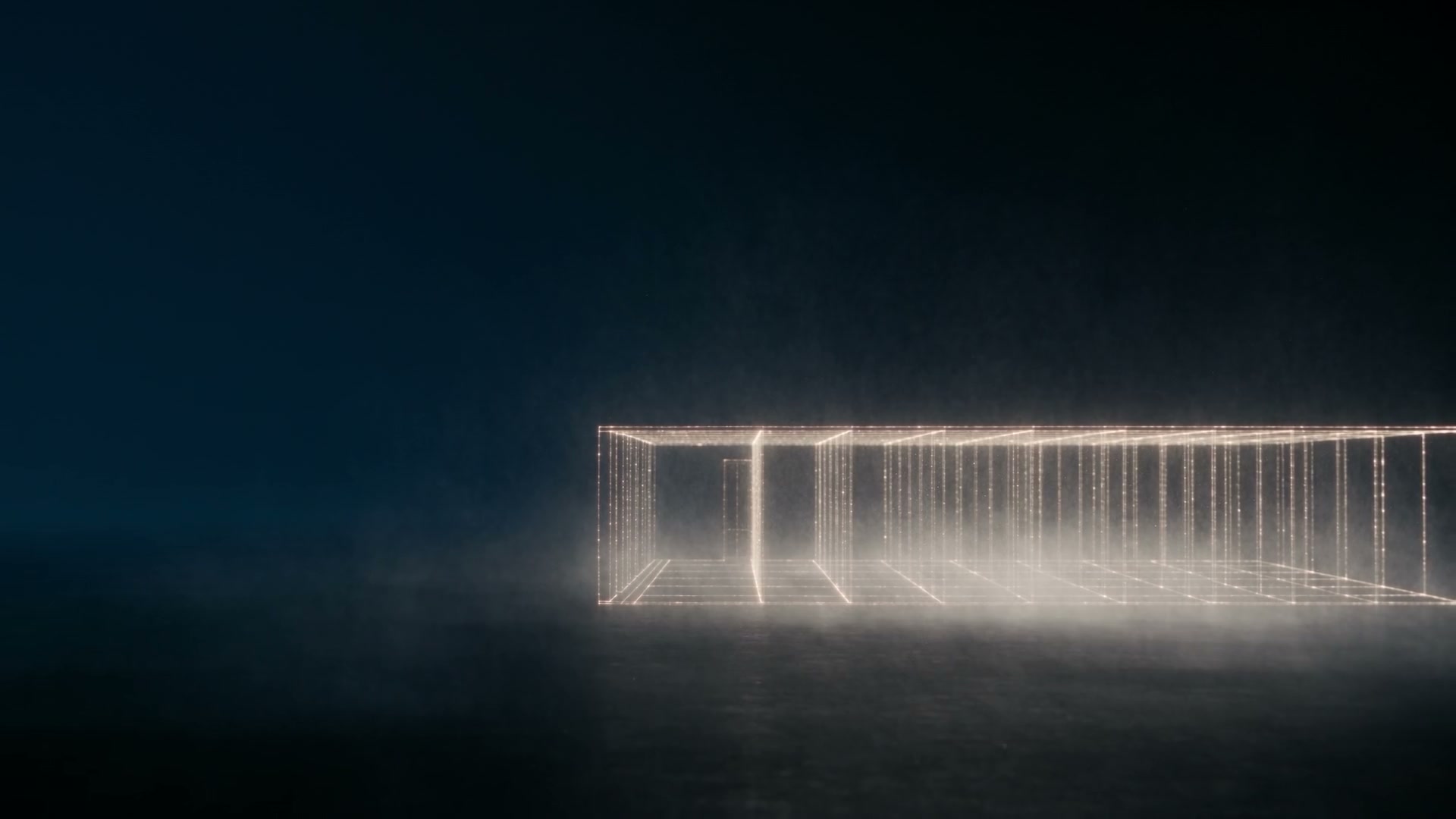 Der fertig gezeichnete Raum aus dem Intro, glühende Linien auf Nachtblau